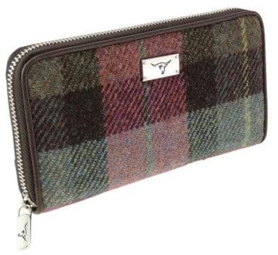 Dames Portemonnee Staffa Gedempt Groen & Paars Tartan- Harris Tweed - muntvak met rits - Glen Appin of Scotland