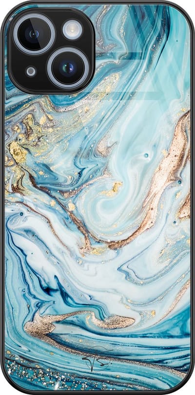 Hoesje geschikt voor iPhone 14 - Marmer blauw goud - Luxe Hard Case - Marmer - Blauw, Goud - Mooie Telefoonhoesjes