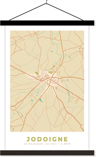 Posterhanger incl. Poster 40x60 cm - Schoolplaat - Stadskaart - Plattegrond - België - Kaart - Jodoigne - Textielposter - Zwarte latten - Stadskaart