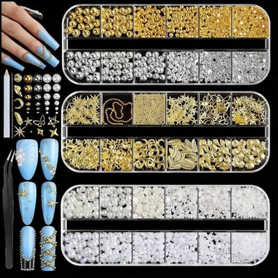 Complete Set voor Nagelkunst Decoratie met Meer dan 4000 Parelmoeren, Metaal Studs en Strass Steentjes, Inclusief Pen en Pincet voor Professionele DIY Manicure