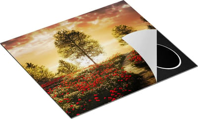 Chefcare Inductie Beschermer Mooi Landschap met Rode Bloemen en Zonsondergang - 60x50 cm - Afdekplaat Inductie - Kookplaat Beschermer - Inductie Mat