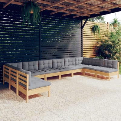 vidaXL - 10-delige - Loungeset - met - grijze - kussens - massief - grenenhout