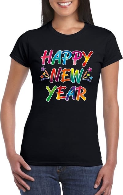 Oud en nieuw t-shirt - Happy New Year - zwart - voor dames - feestkleding - Nieuwjaars borrel shirt S