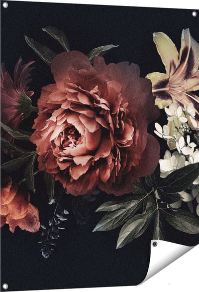 Gards Tuinposter Bloemen op een Zwart Achtergrond - 80x100 cm - Tuindoek - Tuindecoratie - Wanddecoratie buiten - Tuinschilderij