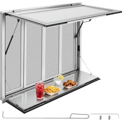 VEVOR Foodtruck Verkoopraam 1220 X 915 X 110 mm Aluminiumlegering, Verkoopraam Opent tot 85°, Opklapbaar Schap, met 4 Verschuifbare Horren en Trekhaken