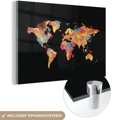 ® Glasschilderij 120x80 cm - Schilderij acrylglas - Wereldkaart - Spetters - Kleuren - Foto op glas - Muurdecoratie woonkamer - Wanddecoratie slaapkamer - Schilderijen