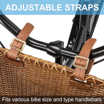 SnelShoppen - KONG MING CAR Fietsmand - Retro Stuurmand met Houten Onderlaag & Lederen Dragers - Bruin - Ideaal voor Fietsen, Dagtochten, en Avonturen
