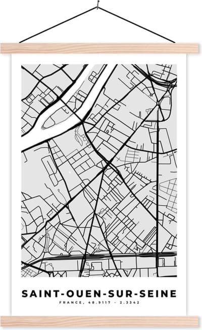Posterhanger incl. Poster 40x60 cm - Schoolplaat - Kaart – Stadskaart – Frankrijk - Saint-Ouen-sur-Seine - Plattegrond - Textielposter - Blanke latten - Stadskaart
