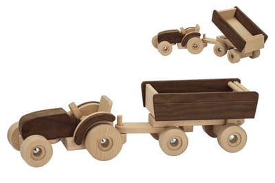 Houten voertuig: TRACTOR met TRAILER 52,5x14x14cm, goki nature, Made in Europe, 3+