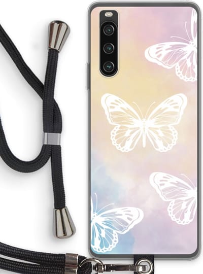 Case Company® - Hoesje met koord geschikt voor Sony Xperia 10 IV hoesje met Koord - White butterfly - Telefoonhoesje met Zwart Koord - Bescherming aan alle Kanten en Over de Schermrand
