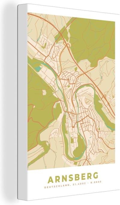 Canvas Schilderij Plattegrond - Arnsberg - Vintage - Kaart - Stadskaart - 20x30 cm - Wanddecoratie
