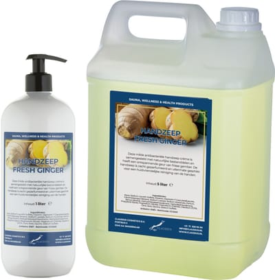 Handzeep Fresh Ginger 1 liter met gratis - met gratis pomp- hervulbaar + Jerrycan 5 liter navulling