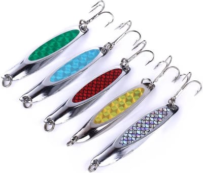 Vijf metalen lepels voor het vissen op forel met hardbait en spinnerbait, ideaal voor vislessen en vissen met verlichting