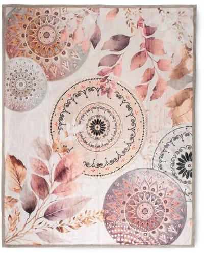 HIP Plaid 130x160 cm - Mandala en Bladeren Print - Grijs/Roze - Polyvelvet - Oeko-Tex Gecertificeerd