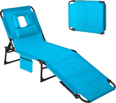 Opvouwbaar Ligbed met Gezichtsuitsparing / Leesgat - Zonnebed voor Buikslapers - 5 Standen Verstelbaar - Strandstoel met Kussen & Zijvak - Blauw