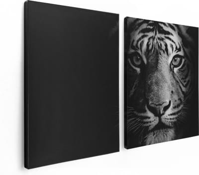 Artaza Canvas Schilderij Tweeluik Tijgerkop - Tijger - Zwart Wit - 120x80 - Foto Op Canvas - Canvas Print