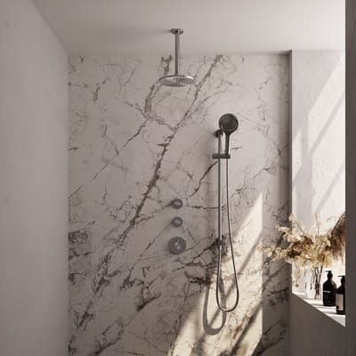 Brauer Brushed Carving thermostatische inbouw regendouche SET 23 met 20 cm douchekop en plafondarm en 3-standen handdouche en doucheslang en geïntegreerde glijstang RVS geborsteld PVD