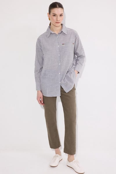 Touché Privé - Geborduurde gestreepte blouse - Grijs - Dames