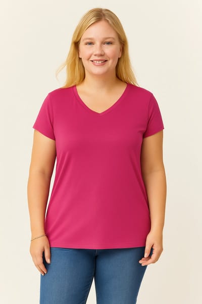 Dames Large V-Hals Basic Kortemouw T-Shirt, Fuchsia