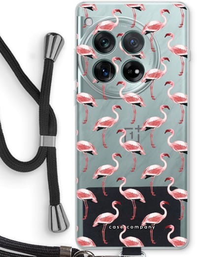 Case Company® - Hoesje met koord geschikt voor OnePlus 12r hoesje met Koord - Flamingo - Telefoonhoesje met Zwart Koord - Bescherming aan alle Kanten en Over de Schermrand