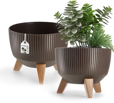 Kadax Bloempot, van kunststof, met drie insteeksteunen, rond, bloemenschaal, plantenbak, bloembak, voor balkon, woonkamer, 24 cm diameter, bruin