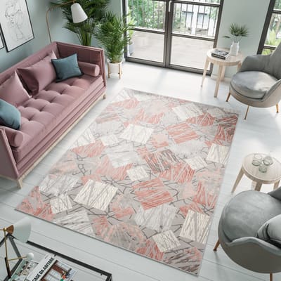 Tapiso Asthane Vloerkleed Grijs Creme Roze Woonkamer Slaapkamer Tapijt Maat - 300x400