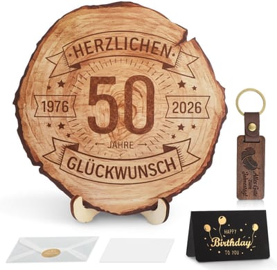 Dailygoods- Boomschijf 50e Verjaardag - Houten Decoratie op Standaard - Ronde Houten Plaat Ø 20 cm - Notenhouten Sleutelhanger - Wenskaart met Envelop - Natuurlijk Hout