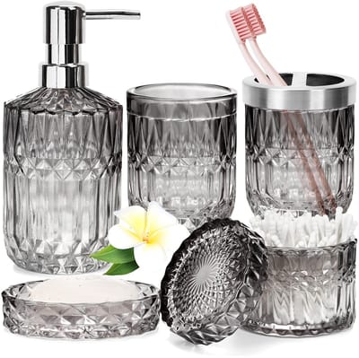 Dailygoods- Badkameraccessoireset 5-delig - Glazen zeeplotiondispenser - Tandenborstelhouder - Zeepbakje - Organiserende pot - Duurzaam loodvrij glas - Badkameraccessoires