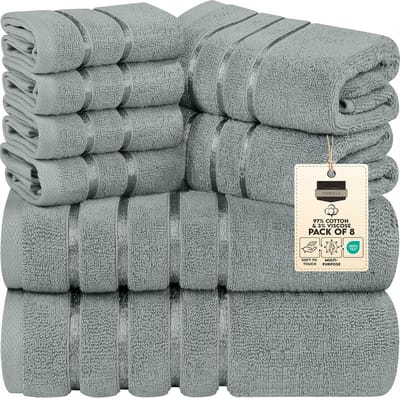 PromoHome 8-delige luxe handdoekenset met 2 badhanddoeken, 2 handdoeken en 4 washandjes - Zeer absorberende katoenen handdoeken met viscose strepen - Geschikt voor dagelijks gebruik in badkamer en spa