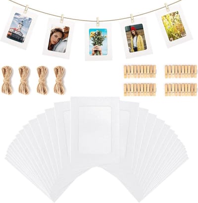 Papieren Fotolijsten Set van 30 - 11,5 x 15,5 cm - Wanddecoratie met Houten Clips en Henneptouwen