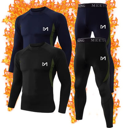 MEETHOO 4 Stuks/2 Sets Thermo Ondergoed Set voor Heren - Thermokleding Set - Thermobroek + Thermoshirt - Wintersport kleding - onderkleding-Zwart/Blauw-XXL