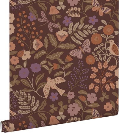 ESTAhome behang bloemen en vogels bruin, groen, terracotta en paars - 53 cm x 10.05 m - 131467