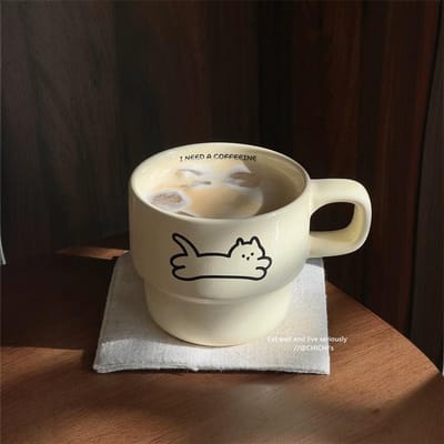 Tasse Chat Mignon ~ Style Ins Couple Meilleur Ami Couples et Couples Souvenirs Cadeaux avec Résistance aux Hautes Températures Tasse à Café en Céramique Tasse à Eau 201-300ml brown