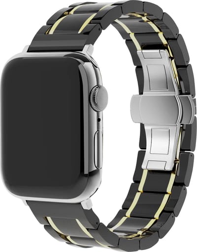 Strap-it Luxe Keramieke schakel band - Geschikt voor Apple Watch bandje -Series 1/2/3/4/5/6/7/8/9/10/11/SE/SE2/SE3/Ultra (2/3) - Zwart/Goud - Keramiek/metalen band met vlindersluiting - RVS iWatch bandje voor maat: 44mm / 45mm / 46mm / 49mm