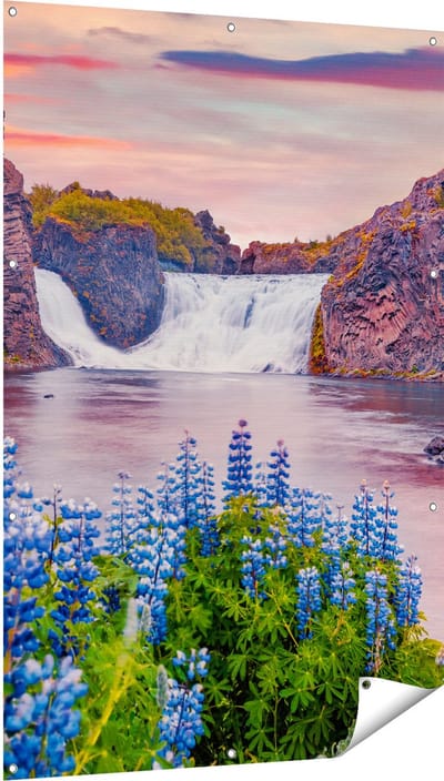 Gards Tuinposter Waterval met Blauwe Lupine Bloemen - 100x150 cm - Tuindoek - Tuindecoratie - Wanddecoratie buiten - Tuinschilderij