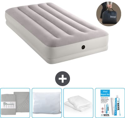 Intex Luchtbed - 1-Persoons - 99 x 191 x 30 cm - Grijs - Inclusief pomp - Hoeslaken - Kussen - Reparatieset en Kussenbeschermer