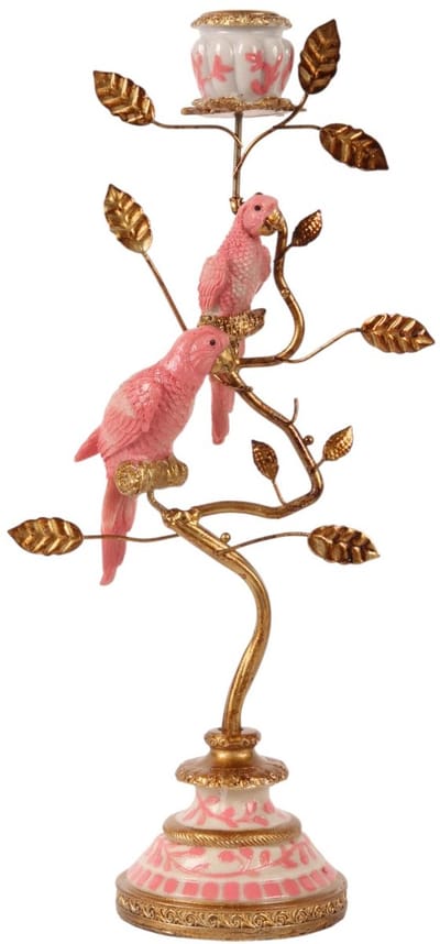 Baroque - Decoratief beeld of figuur - Kandelaar Papegaai - Roze - Polyresin - 32.5x14x9 cm