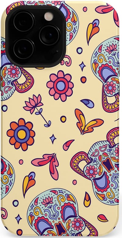 Casetastic hoesje geschikt voor Apple iPhone 13 Pro - MagSafe - Dubbellaagse bescherming - Dia de los Muertos Doodshoofd Bloemen - Fashion Case - Crème Lila Zilver