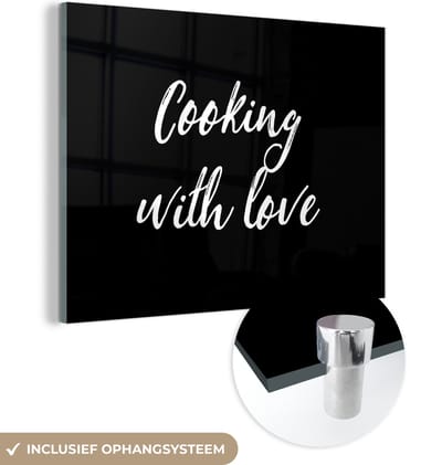 MuchoWow® Glasschilderij 120x90 cm - Schilderij acrylglas - Quotes - Koken - Liefde - Cooking with love - Spreuken - Foto op glas - Schilderijen