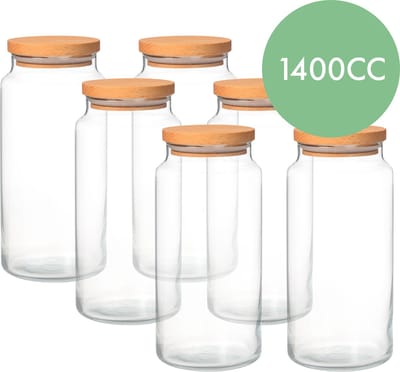 Glazen voorraadpot met houten luchtdichte deksel | 6 x 1400 cc | voorraadpotten glas met deksel | vershoudbakjes | Houten deksel | voorraadpotten glas | voorraadpot koffie | snoeppot glas met deksel | kruidenrek | kruidenrek potjes