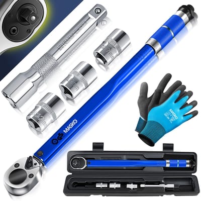 MASKO® Momentsleutel 1/2" /momentsleutel 6-delig set 40-210Nm 1/2 ' CV incl. 3 doppen 17mm, 19mm, 21mm en verlengstuk 125mm incl. koffer +/- 4% tolerantie bandensleutel auto momentsleutel 6-delige - Blauw