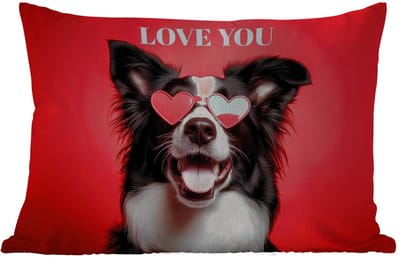 Buitenkussens - Hond - Hartjesbril - Loveyou - Rood - 60x40 cm - Weerbestendig