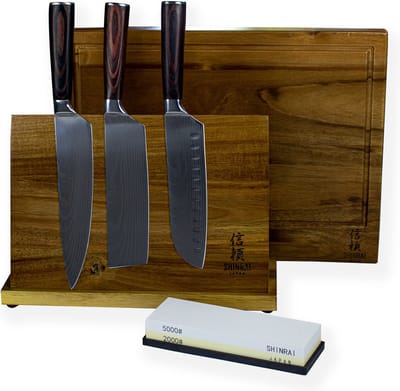 Shinrai Knives 3-delige Messenset met Messenblok, Snijplank en Slijpsteen - Messen met Damast Print - Koksmes - Hakmes - Vleesmes