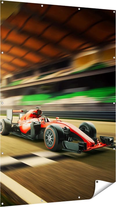 Gards Tuinposter Formule 1 Auto bij de Finish in het Rood - 120x180 cm - Tuindoek - Tuindecoratie - Wanddecoratie buiten - Tuinschilderij