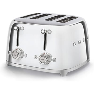 SMEG TSF03SSEU Broodrooster - 4 Sneden - 4 Brede Sleuven - 2000W - 6 Bruiningsstanden - Ontdooifunctie, Opwarmfunctie & Bagelfunctie - '50s Style - Steel