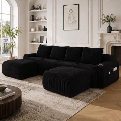 Modulaire bank 4-zits met 2 hockers - Zwart corduroy - Vrij te combineren modules, inklapbare bekerhouder en opbergtas - Ruim zitvlak, moderne stofstructuur - Geschikt voor woonkamer, familiekamer en lounge