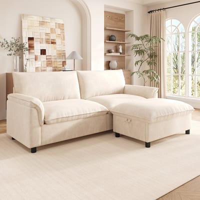 Modulaire Cloud Hoekbank, Moderne Hoekbank, L-Bank, 2-Zitsbank, Comfortabele Hoekbank voor de Woonkamer, Modern Design met Diepe Zitting, Extra Grote Cloud Bank, met Verplaatsbare Voetenbank, Hoge Rugleuning-Beige
