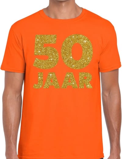 50 Jaar verjaardag - gouden glitters tekst - t-shirt - oranje - heren - korte mouwen - Abraham pop kleding S