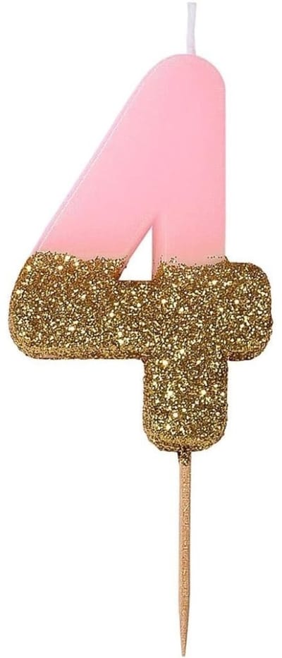 Famanu – Roze verjaardagskaars cijfer 4 met gouden glitter, stijlvolle taarttopper voor en volwassenen
