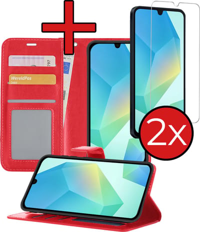 Hoesje - Met 2x Screenprotector - Geschikt voor Samsung Galaxy A16 - Luxe Pasjeshouder - Flip Case - Bookcase Portemonee - Kunstleer Book Case - Flipcase Hoes - Book Cover - Walletcase - Portemonneehoes - Telefoonhoes - Rood